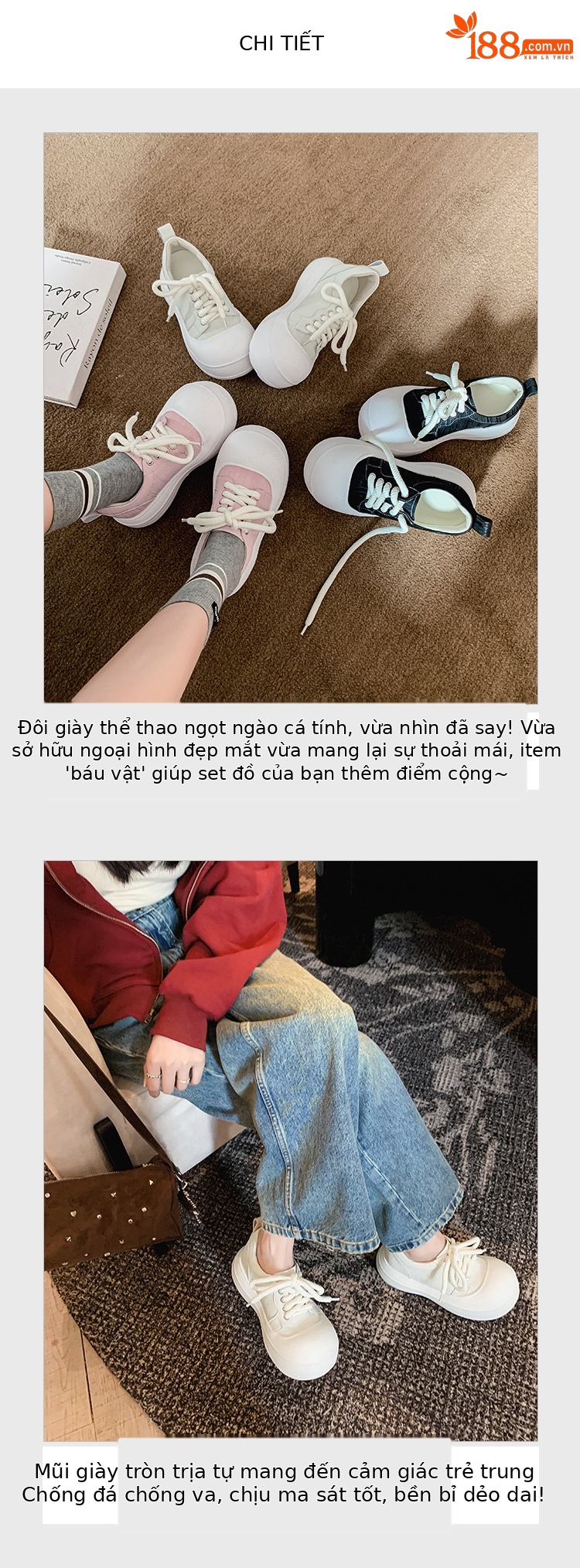 Giày sneaker nữ đế dày chunky mũi to phong cách bánh mì dây buộc tăng chiều cao — màu đen, màu hồng, màu trắng chi tiết 4