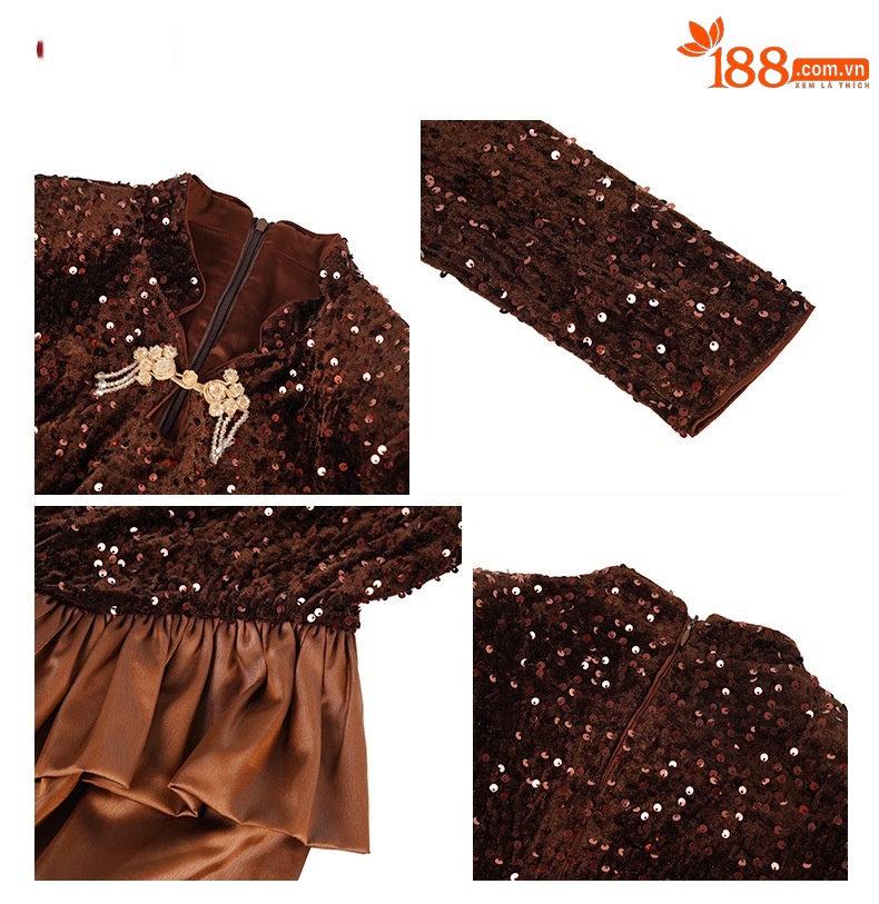 Đầm maxi nữ thắt eo phong cách Trung Hoa thiết kế sequin lấp lánh — Cà phê nâu chi tiết 2