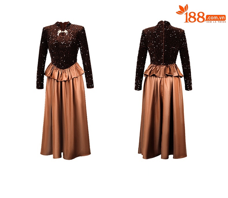 Đầm maxi nữ thắt eo phong cách Trung Hoa thiết kế sequin lấp lánh — Cà phê nâu chi tiết 3