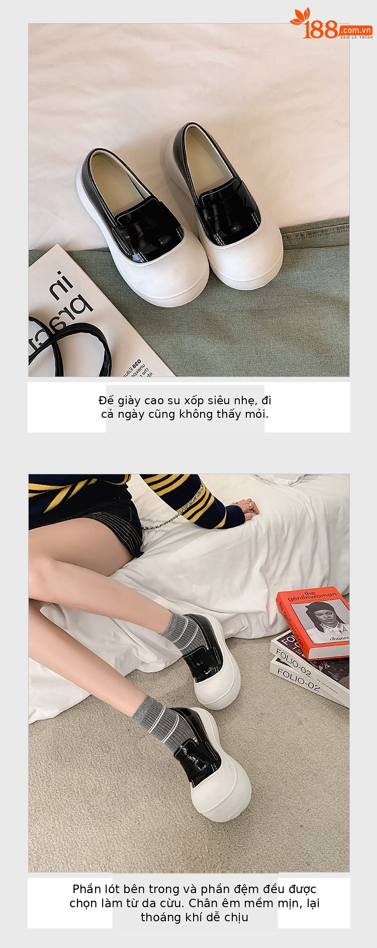 Giày loafer nữ đế dày 5cm da thật phong cách sneaker chunky — màu đen, màu trắng chi tiết 5