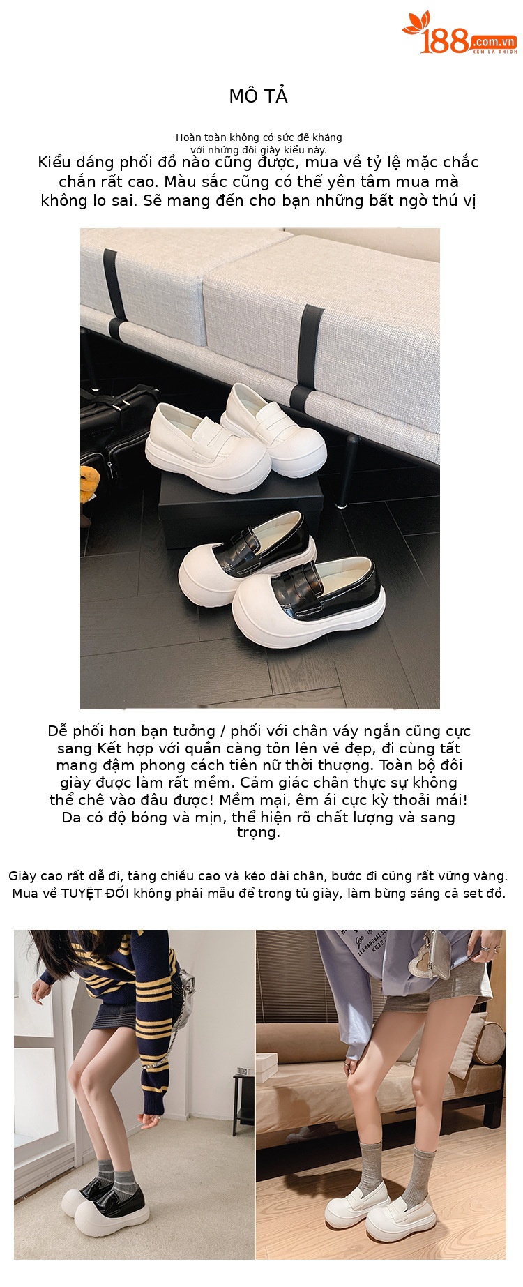 Giày loafer nữ đế dày 5cm da thật phong cách sneaker chunky — màu đen, màu trắng chi tiết 2