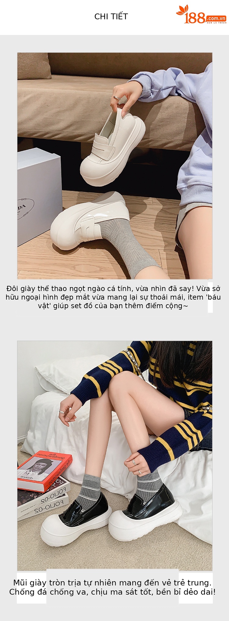 Giày loafer nữ đế dày 5cm da thật phong cách sneaker chunky — màu đen, màu trắng chi tiết 4