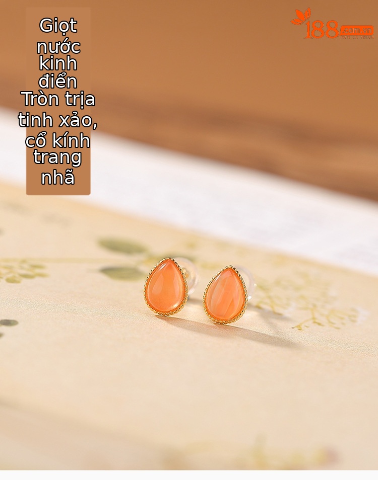 Bông tai stud bạc S925 mạ vàng đính đá mã não nước hồng — Cặp đôi chi tiết 1
