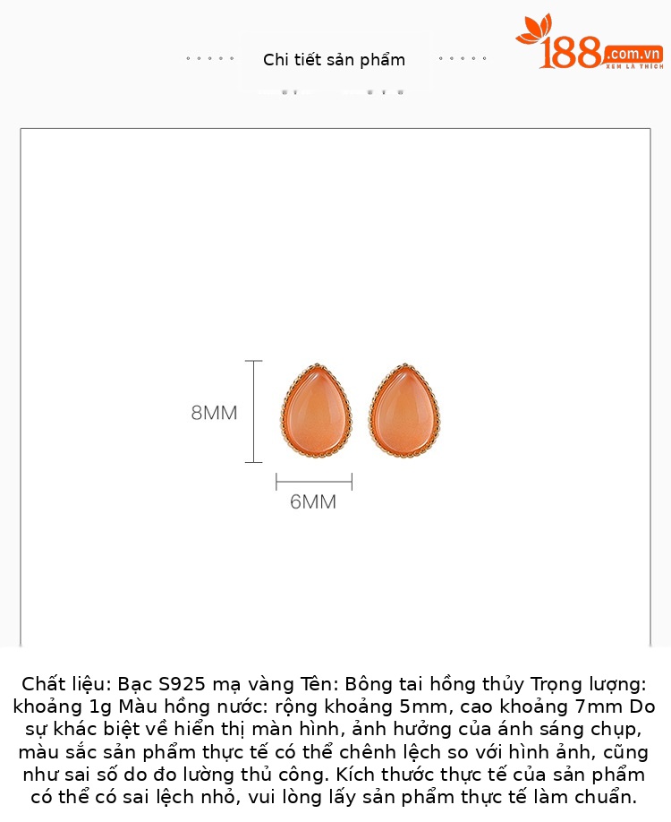 Bông tai stud bạc S925 mạ vàng đính đá mã não nước hồng — Cặp đôi chi tiết 2