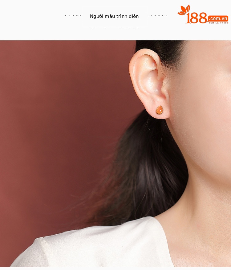 Bông tai stud bạc S925 mạ vàng đính đá mã não nước hồng — Cặp đôi chi tiết 3