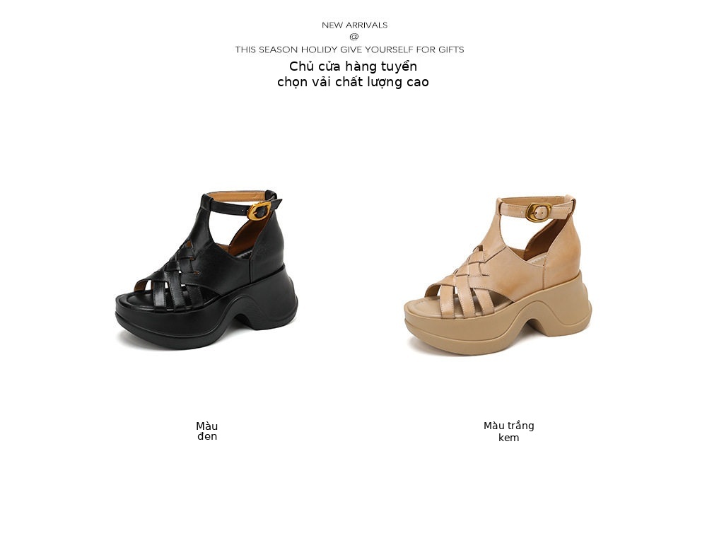 Sandal nữ da bò đan kiểu retro, gót đế xuồng 8 cm, hở mũi — [Đen], [Trắng kem] chi tiết 2