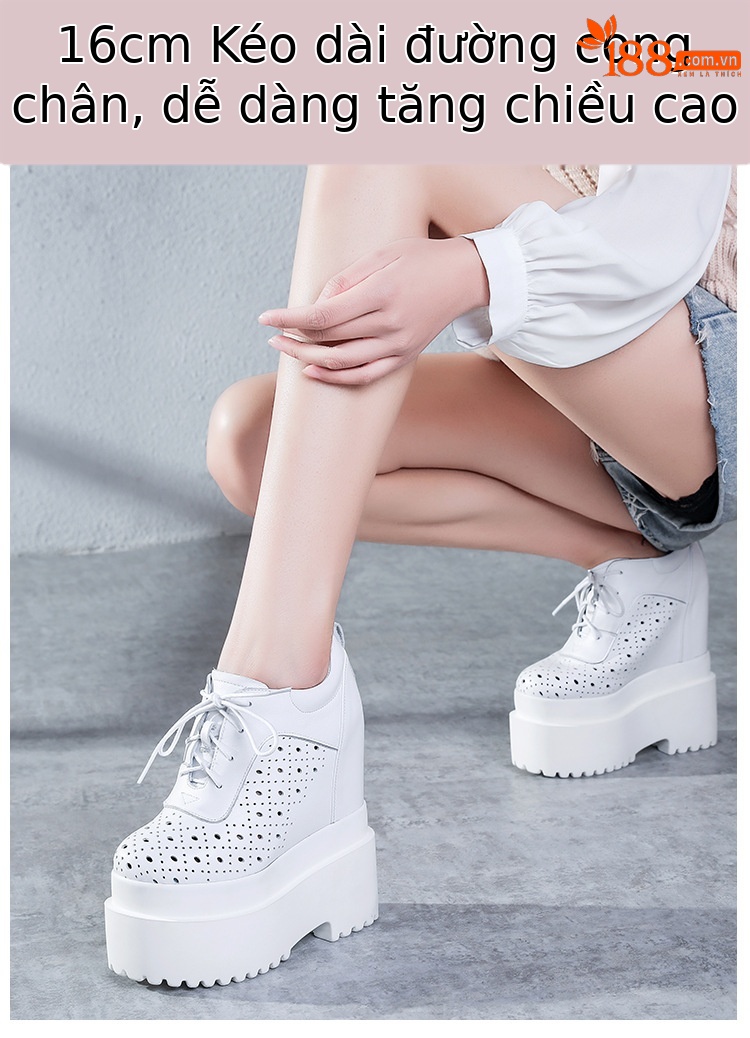 Giày sneaker nữ đế dày tăng chiều cao 16 cm, dây buộc, thiết kế hở mũi — màu đen chi tiết 2