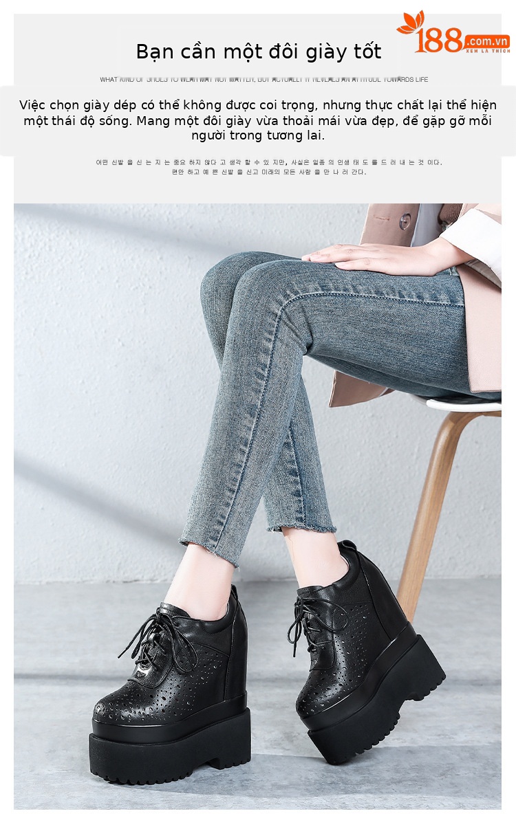 Giày sneaker nữ đế dày tăng chiều cao 16 cm, dây buộc, thiết kế hở mũi — màu đen chi tiết 4