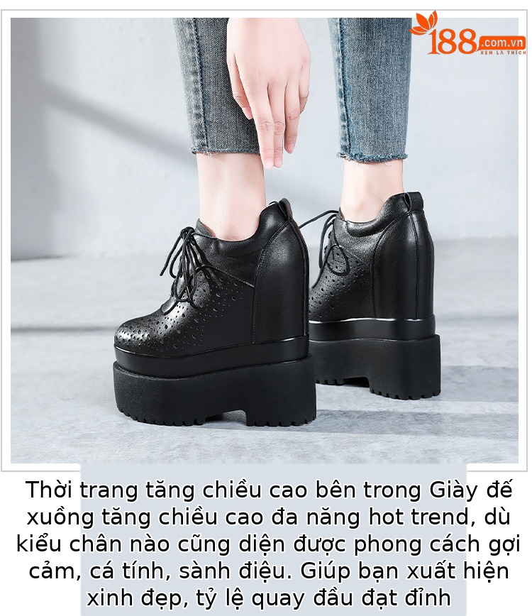 Giày sneaker nữ đế dày tăng chiều cao 16 cm, dây buộc, thiết kế hở mũi — màu đen chi tiết 6
