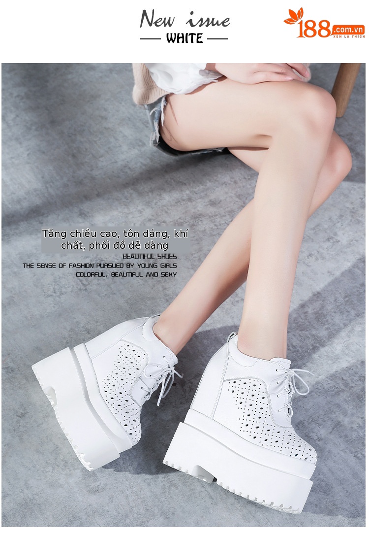 Giày sneaker nữ đế dày tăng chiều cao 16 cm, dây buộc, thiết kế hở mũi — màu đen chi tiết 8