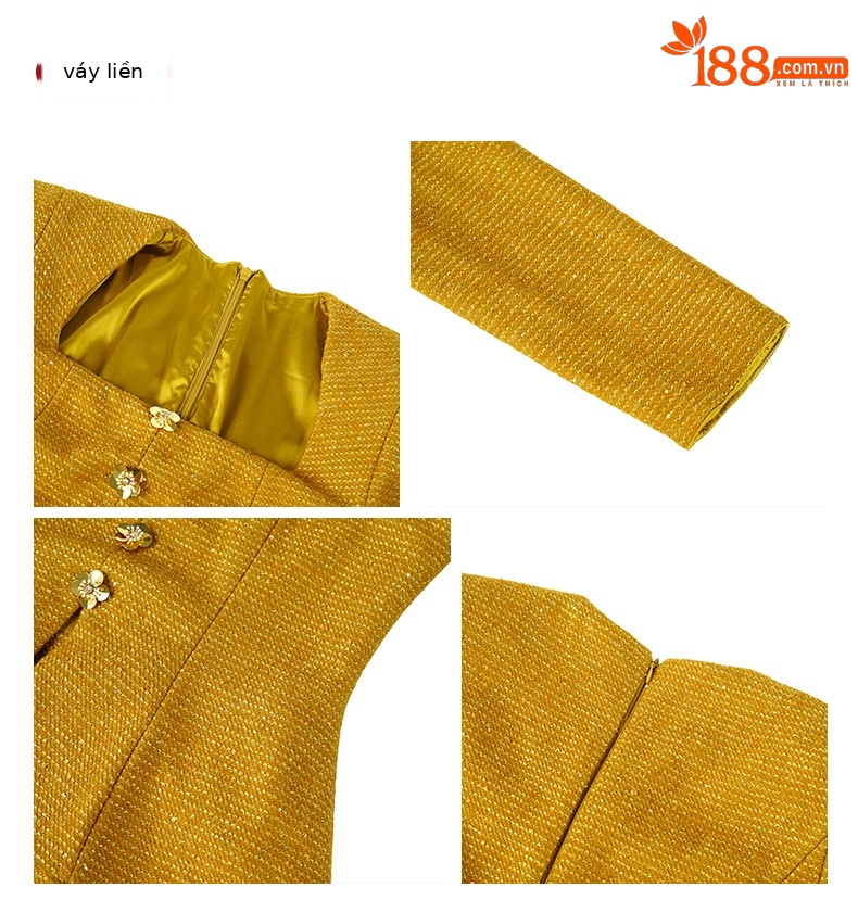 Đầm suông nữ midi cổ vuông kiểu Pháp, cúc đơn, eo thắt, thiết kế giả hai lớp che bụng mông — đen chi tiết 3