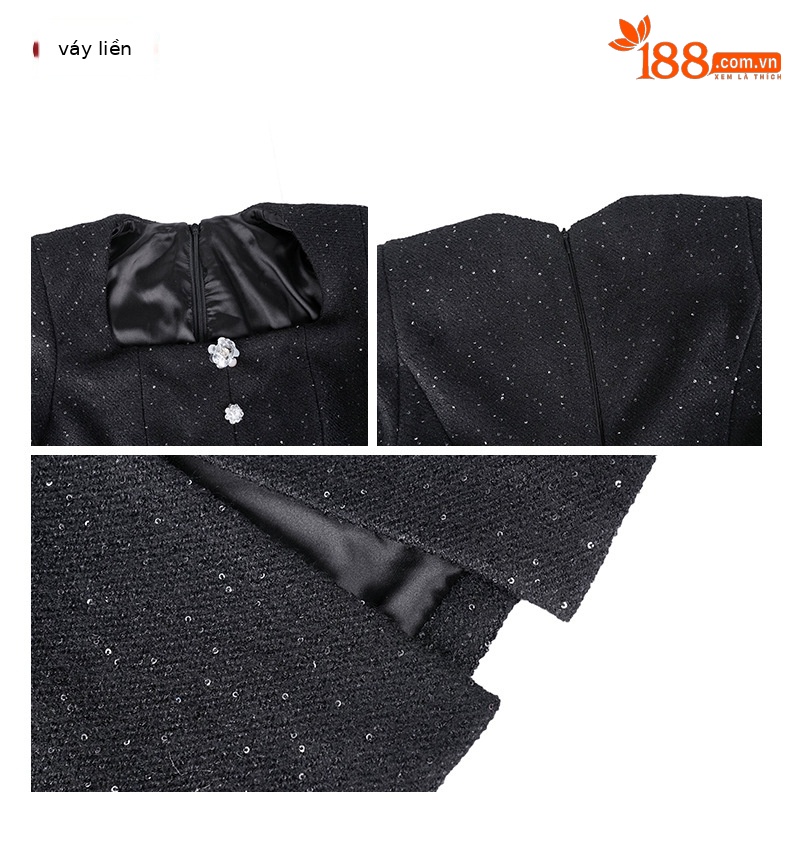 Đầm suông nữ midi cổ vuông kiểu Pháp, cúc đơn, eo thắt, thiết kế giả hai lớp che bụng mông — đen chi tiết 4