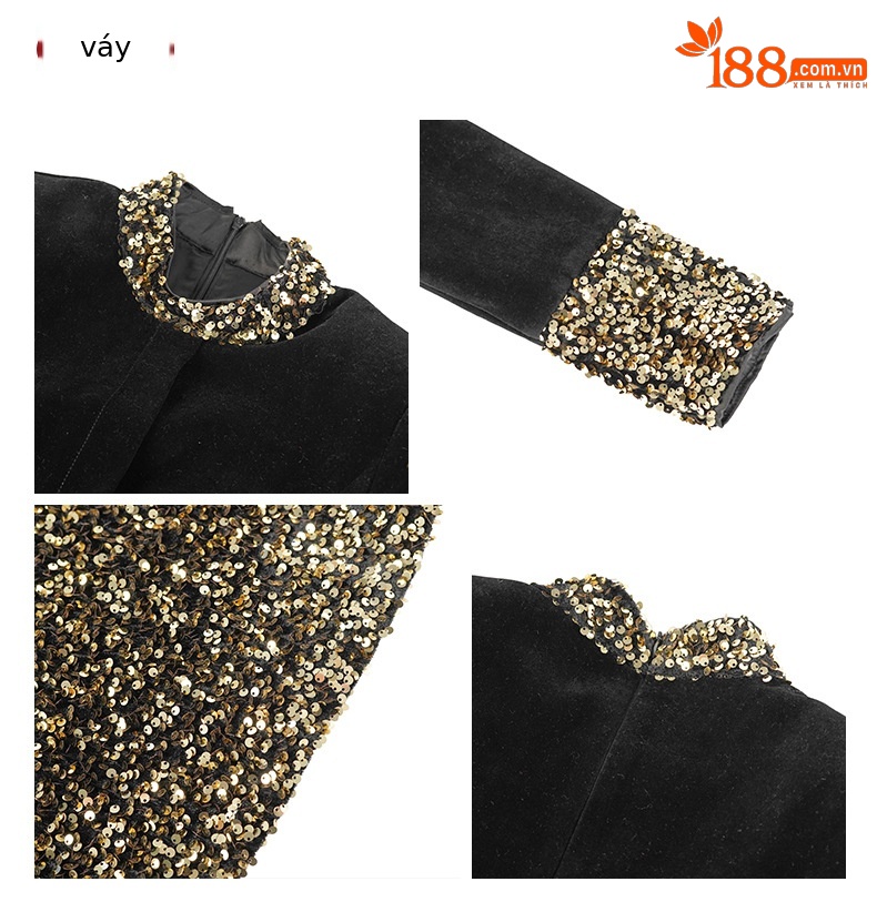 Đầm ôm body nữ nhung thắt eo phối sequin lấp lánh — đen chi tiết 2