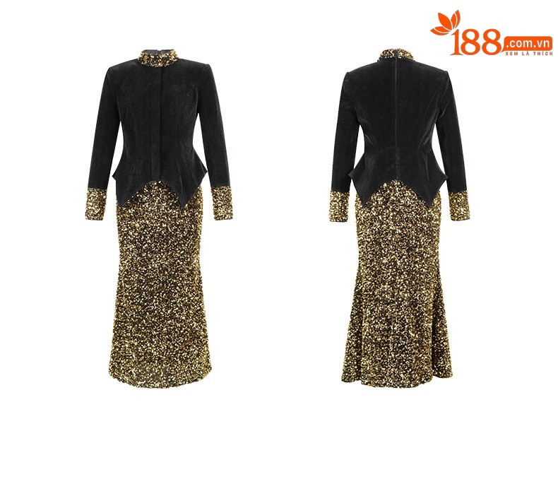 Đầm ôm body nữ nhung thắt eo phối sequin lấp lánh — đen chi tiết 3