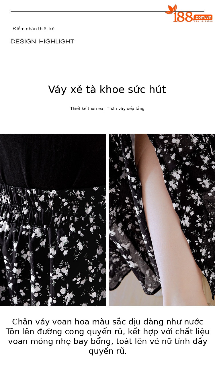 Chân váy xếp ly nữ xòe họa tiết hoa nhí, thiết kế viền ren và xẻ tà, dáng suông nhẹ — đen chi tiết 7
