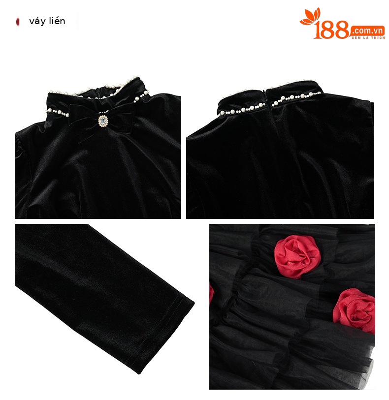 Đầm suông midi cổ tròn thắt eo ren hoa lưới xòe bồng — đen chi tiết 2