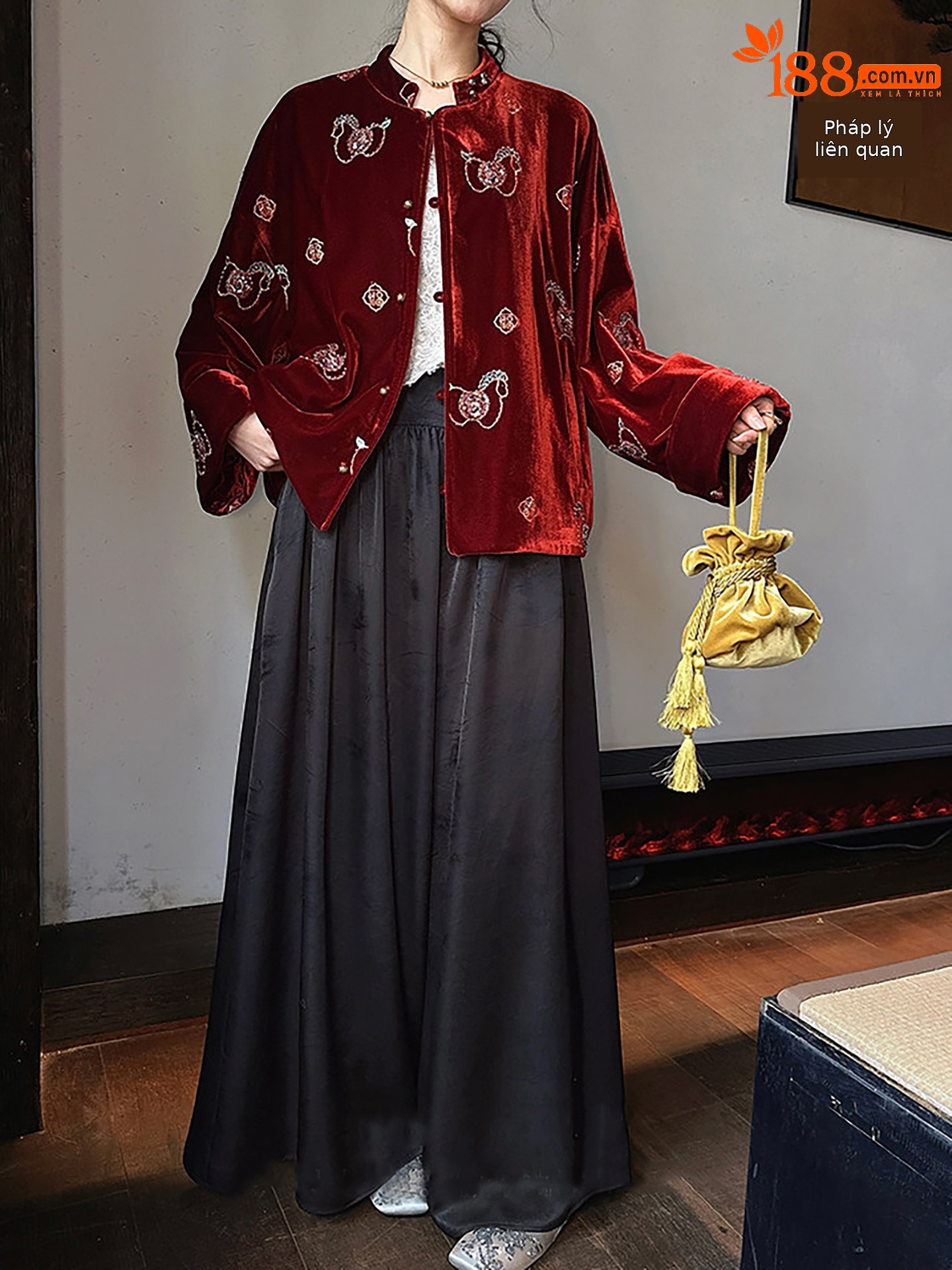 Quần culottes nữ ống rộng dáng dài chất liệu nhăn nhẹ phong cách quốc phong — Xanh da trờicolor