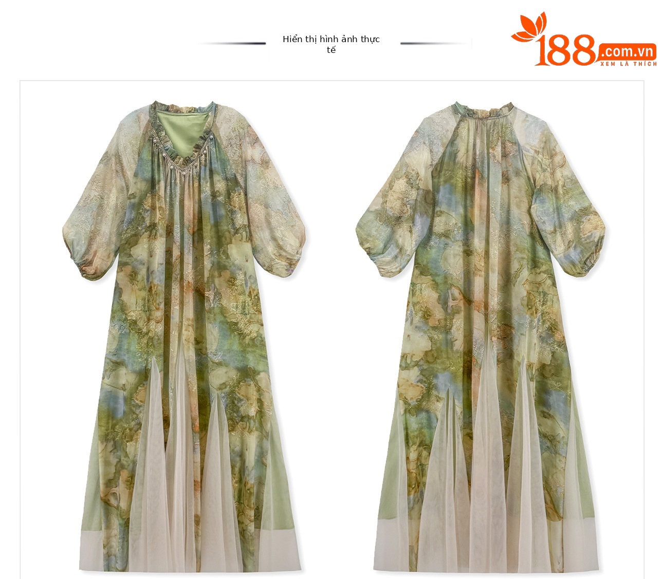 Đầm maxi nữ thắt eo phong cách Tân Trung Hoa, chất liệu hoa băng nhung phối lụa mực nước — trắng ngà, Xanh Giang Nam chi tiết 1