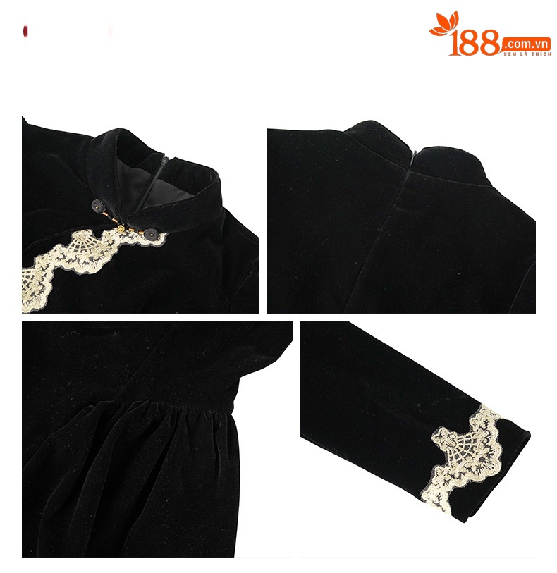 Váy sườn xám cải tiến phong cách Tân Trung Hoa chất nhung dáng suông midi — đen chi tiết 2
