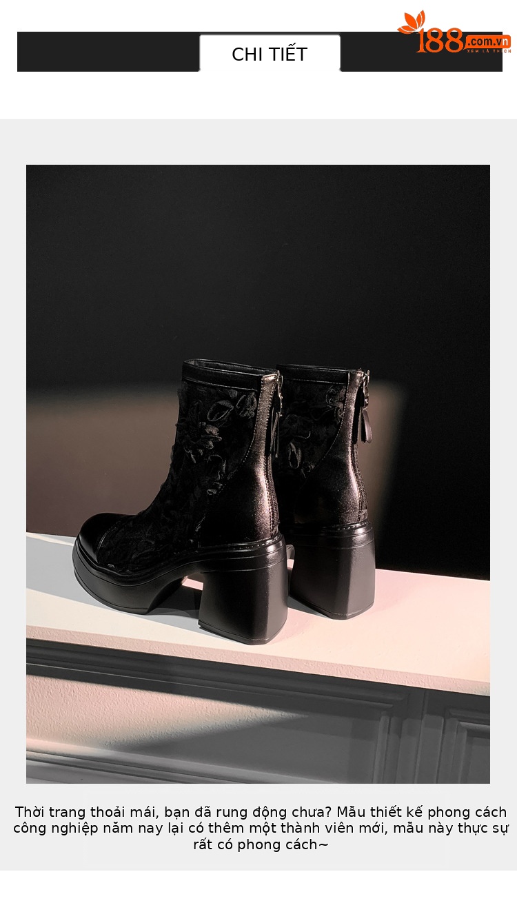 Boot nữ cổ thấp họa tiết ren hoa, gót cao 9 cm, mũi nhọn lưới thoáng khí — màu đen, màu trắng ngà chi tiết 3