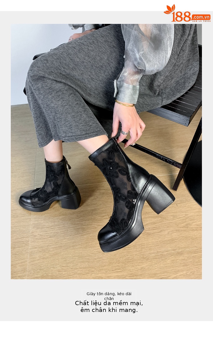 Boot nữ cổ thấp họa tiết ren hoa, gót cao 9 cm, mũi nhọn lưới thoáng khí — màu đen, màu trắng ngà chi tiết 4