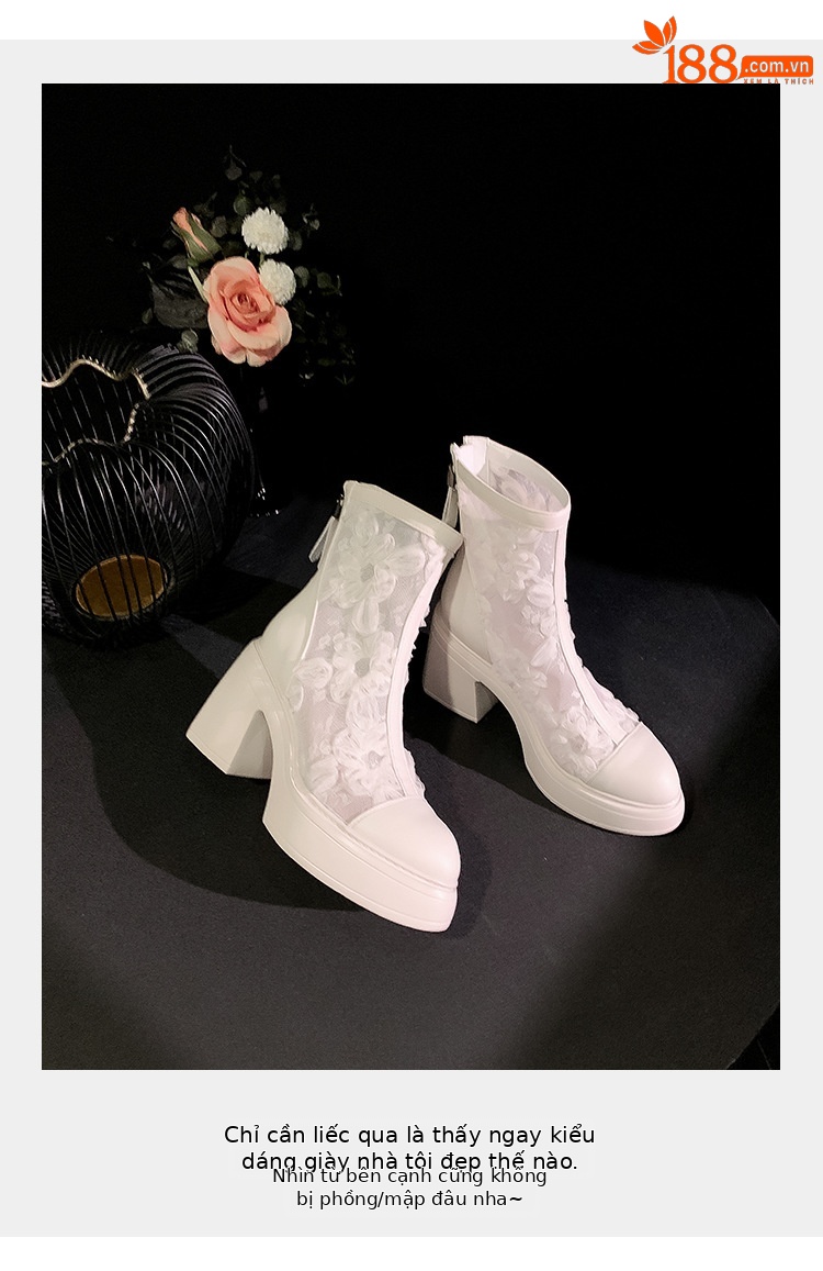 Boot nữ cổ thấp họa tiết ren hoa, gót cao 9 cm, mũi nhọn lưới thoáng khí — màu đen, màu trắng ngà chi tiết 5