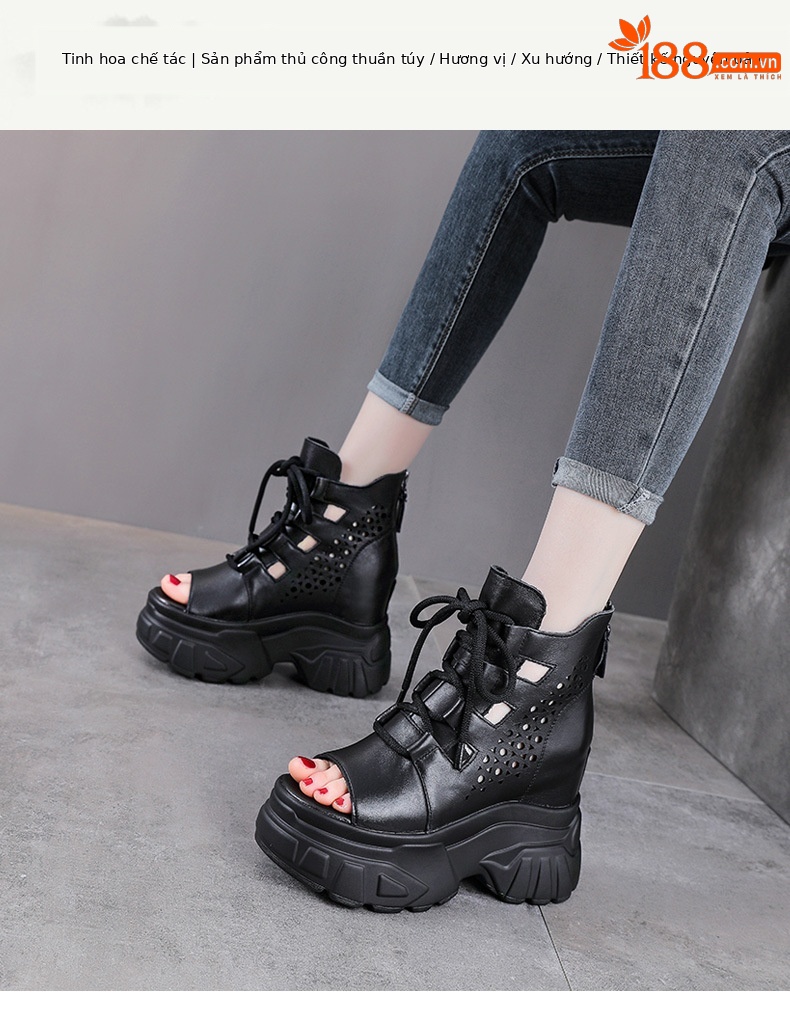 Sandal cao gót nữ da bò thật kiểu La Mã quai buộc hở mũi đế dày 11 cm — màu đen chi tiết 1