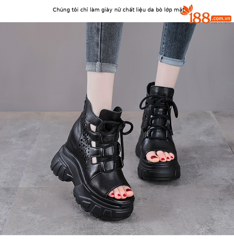 Sandal cao gót nữ da bò thật kiểu La Mã quai buộc hở mũi đế dày 11 cm — màu đen chi tiết 2