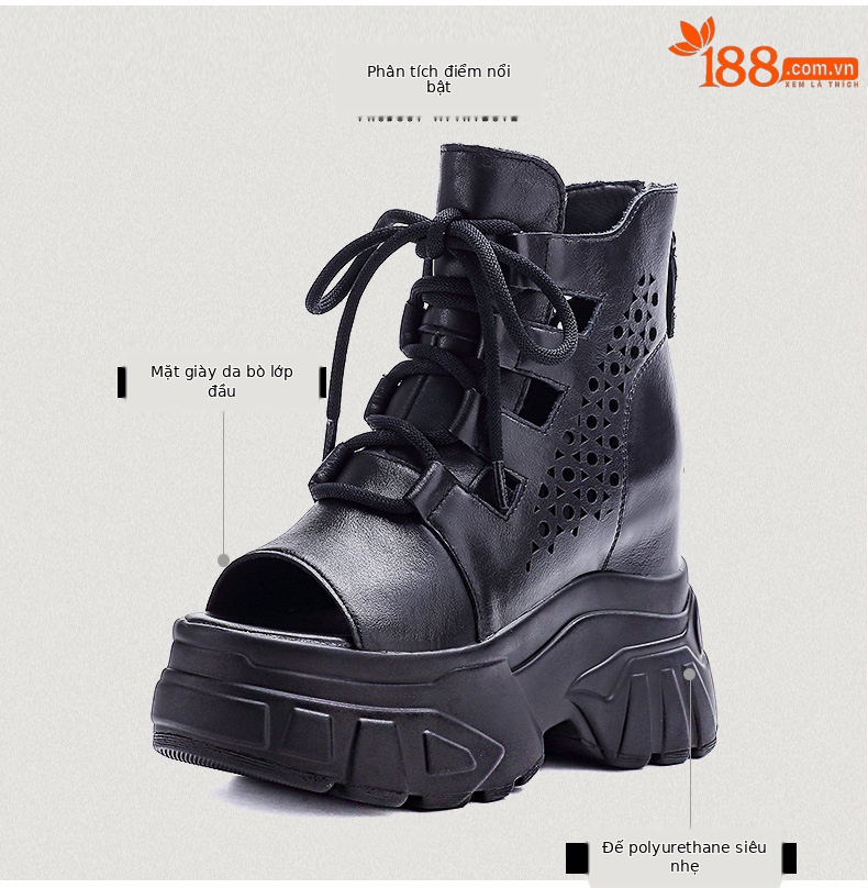 Sandal cao gót nữ da bò thật kiểu La Mã quai buộc hở mũi đế dày 11 cm — màu đen chi tiết 3