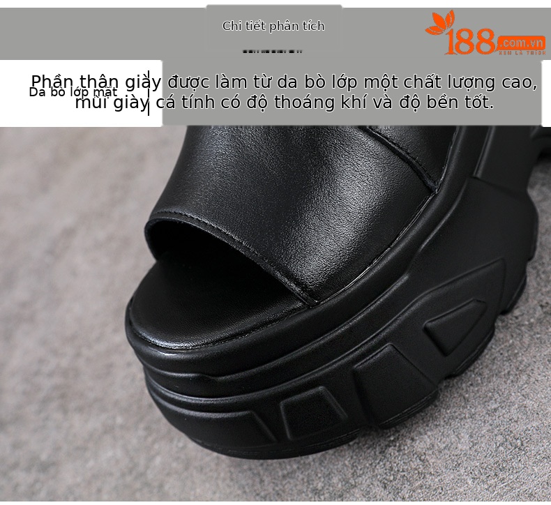 Sandal cao gót nữ da bò thật kiểu La Mã quai buộc hở mũi đế dày 11 cm — màu đen chi tiết 4