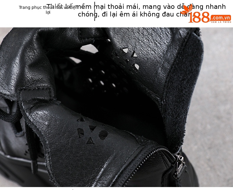 Sandal cao gót nữ da bò thật kiểu La Mã quai buộc hở mũi đế dày 11 cm — màu đen chi tiết 6
