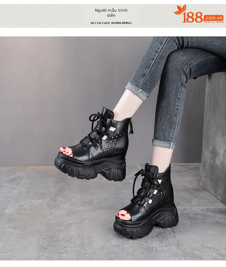 Sandal cao gót nữ da bò thật kiểu La Mã quai buộc hở mũi đế dày 11 cm — màu đen chi tiết 9