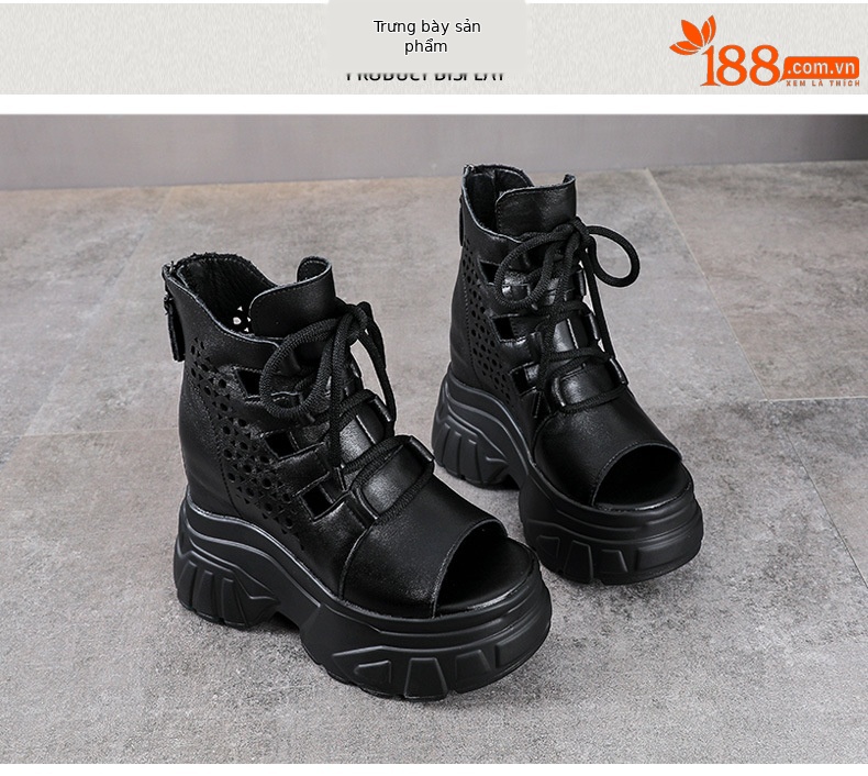 Sandal cao gót nữ da bò thật kiểu La Mã quai buộc hở mũi đế dày 11 cm — màu đen chi tiết 10