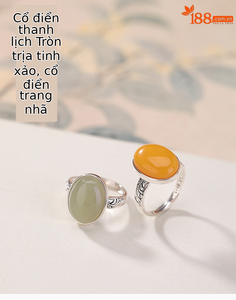 Nhẫn bạc S925 đính ngọc bích và hổ phách hình hoa sen phong cách tân cổ điển — Màu hổ phách chi tiết 1