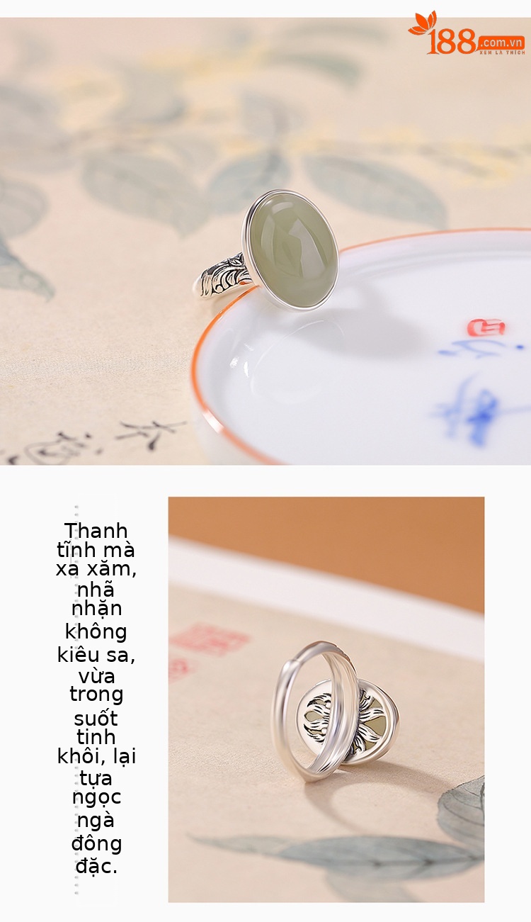Nhẫn bạc S925 đính ngọc bích và hổ phách hình hoa sen phong cách tân cổ điển — Màu hổ phách chi tiết 3