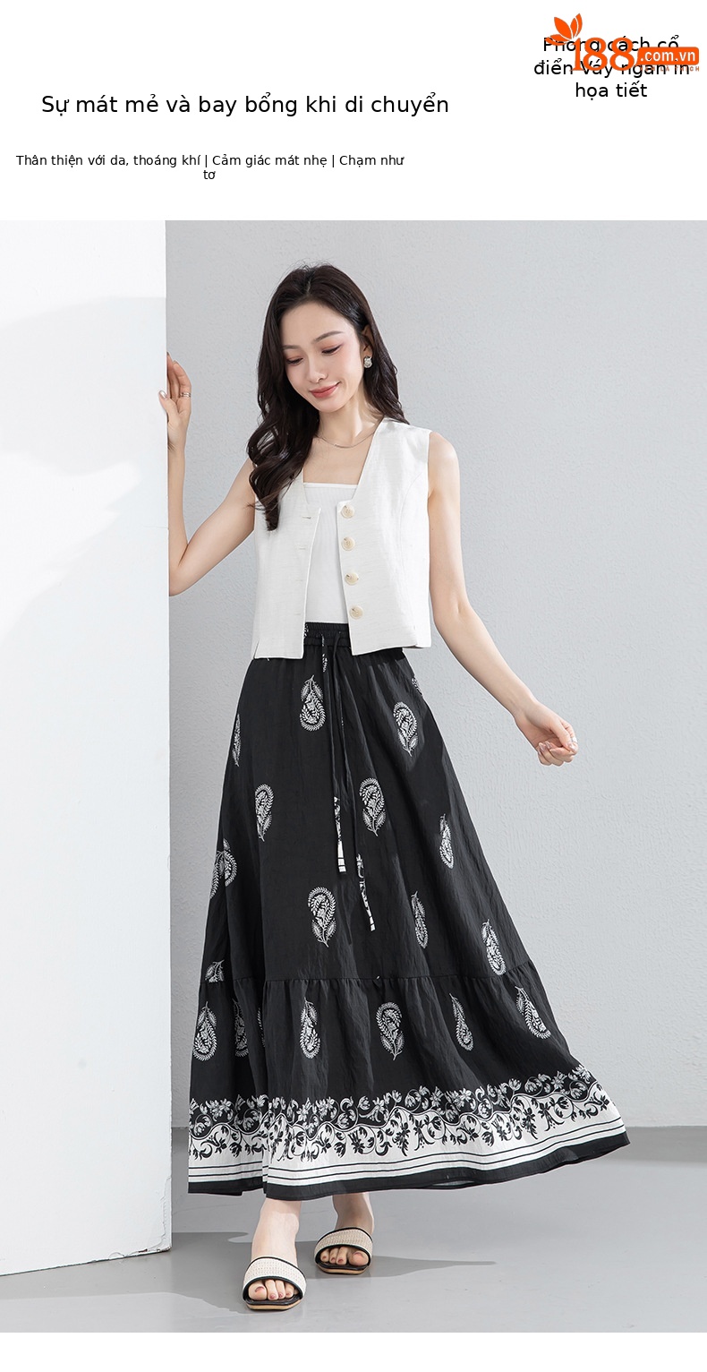 Chân váy chữ A bohemian eo cao in họa tiết, dáng xòe rộng, phù hợp đi biển và nghỉ mát — màu đen chi tiết 1
