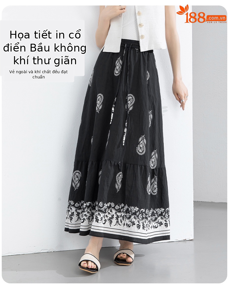 Chân váy chữ A bohemian eo cao in họa tiết, dáng xòe rộng, phù hợp đi biển và nghỉ mát — màu đen chi tiết 7