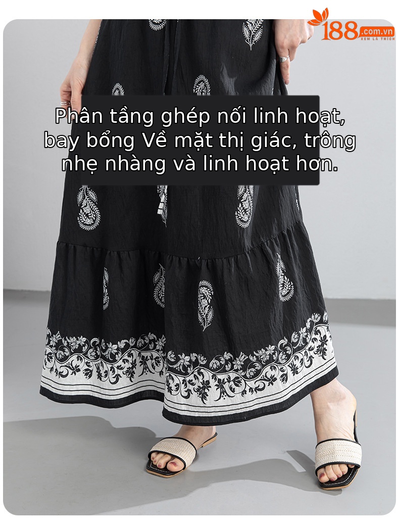 Chân váy chữ A bohemian eo cao in họa tiết, dáng xòe rộng, phù hợp đi biển và nghỉ mát — màu đen chi tiết 8