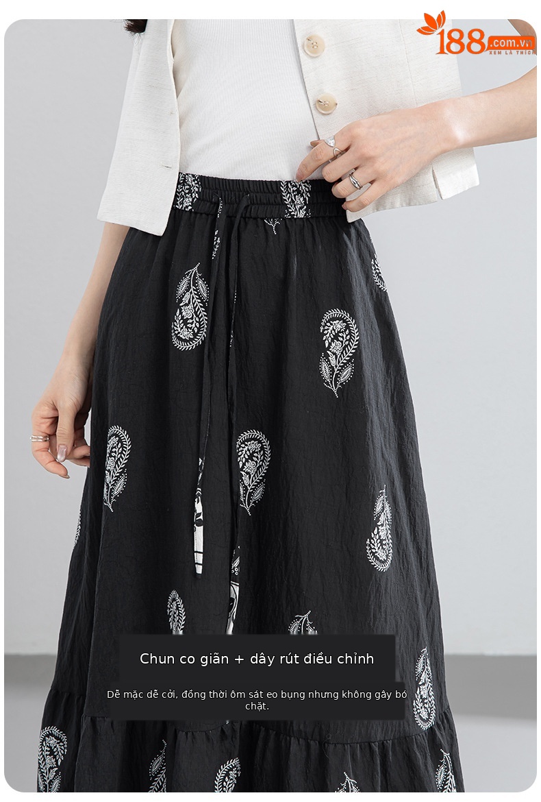 Chân váy chữ A bohemian eo cao in họa tiết, dáng xòe rộng, phù hợp đi biển và nghỉ mát — màu đen chi tiết 9
