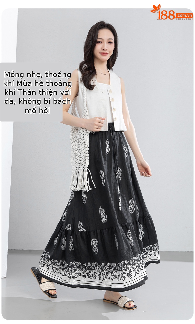 Chân váy chữ A bohemian eo cao in họa tiết, dáng xòe rộng, phù hợp đi biển và nghỉ mát — màu đen chi tiết 10