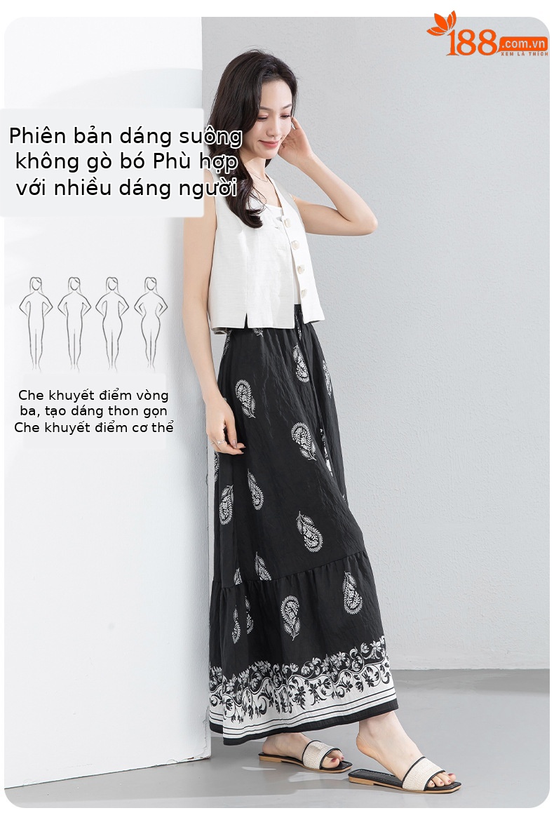 Chân váy chữ A bohemian eo cao in họa tiết, dáng xòe rộng, phù hợp đi biển và nghỉ mát — màu đen chi tiết 11