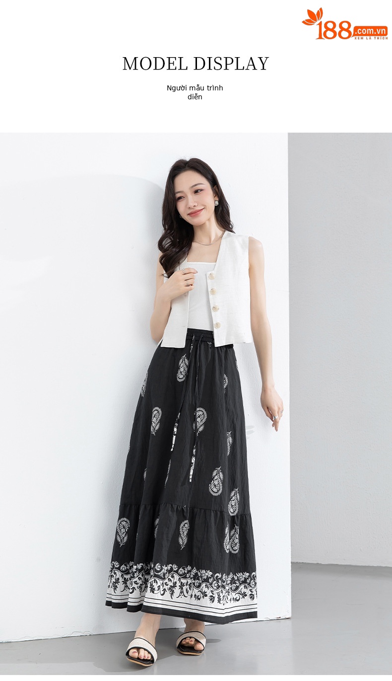 Chân váy chữ A bohemian eo cao in họa tiết, dáng xòe rộng, phù hợp đi biển và nghỉ mát — màu đen chi tiết 16