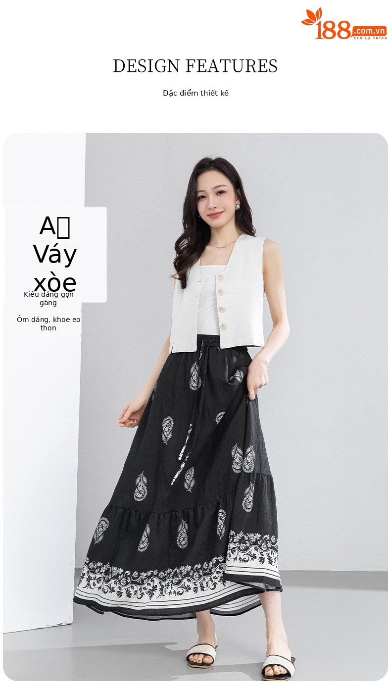 Chân váy chữ A bohemian eo cao in họa tiết, dáng xòe rộng, phù hợp đi biển và nghỉ mát — màu đen chi tiết 6
