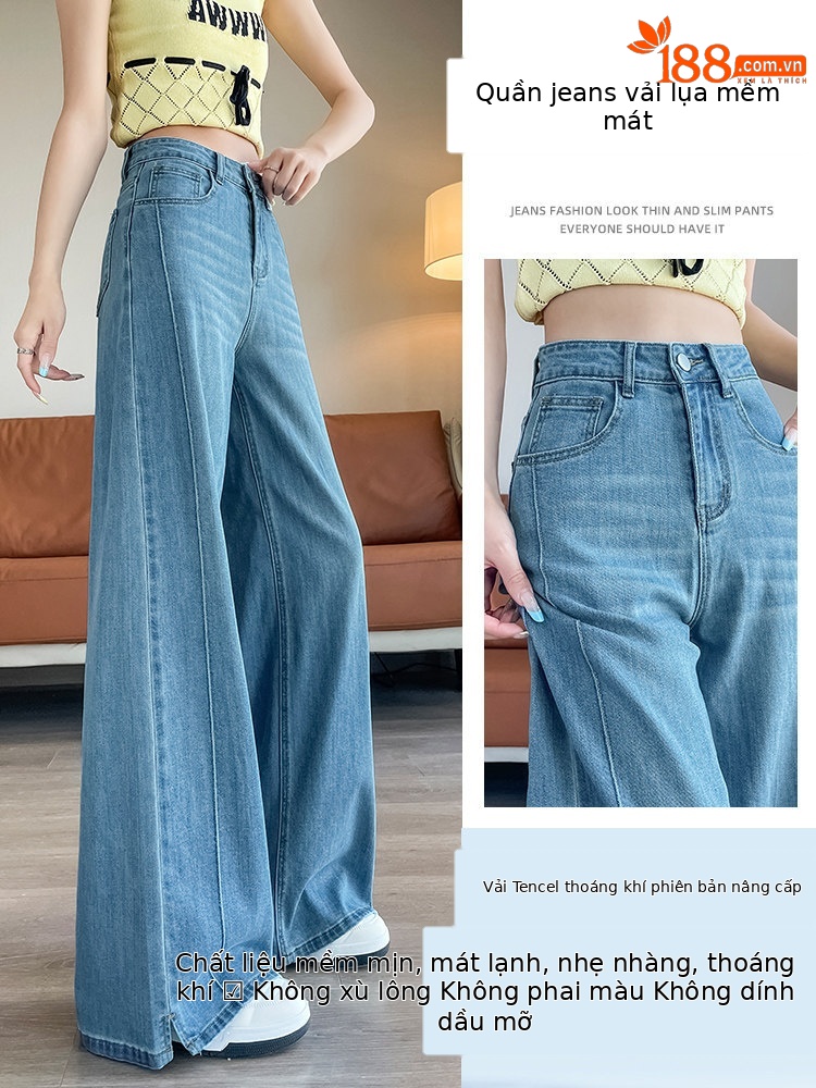 Quần jean nữ ống rộng cạp cao co giãn xẻ tà màu xanh nhạt — Màu xanh nhạt - Extended