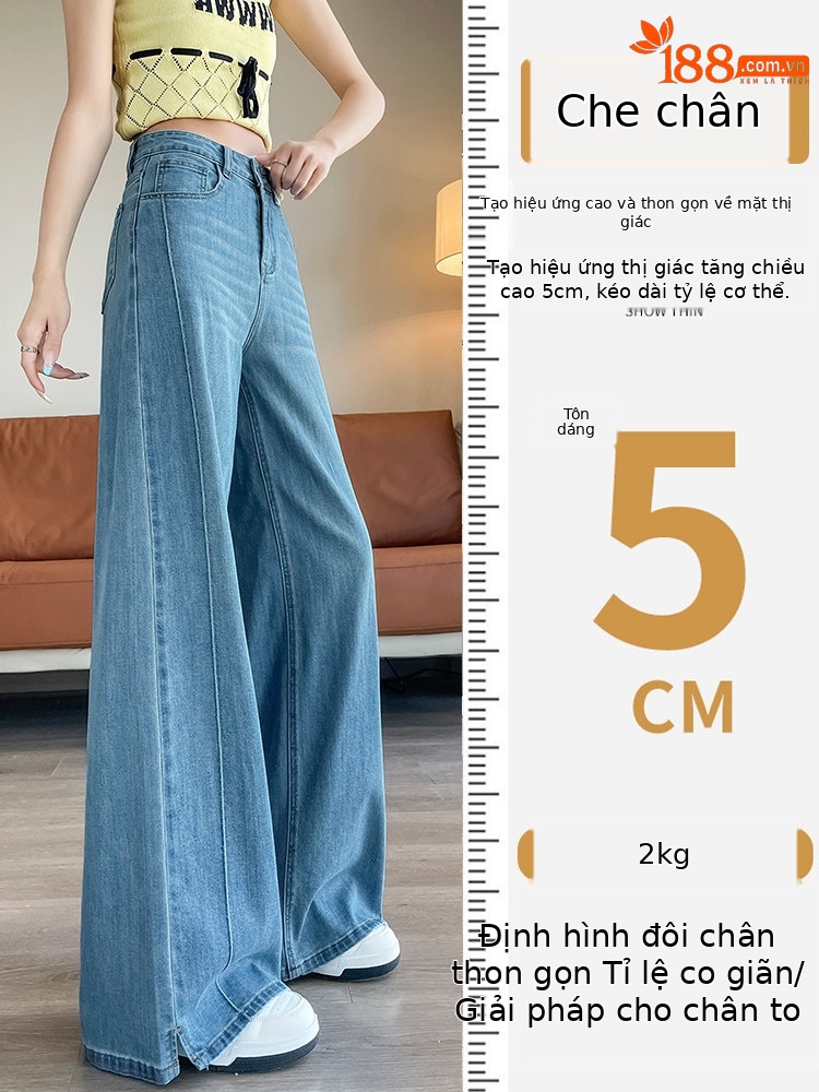 Quần jean nữ ống rộng cạp cao co giãn xẻ tà màu xanh nhạt — Màu xanh nhạt - Extended