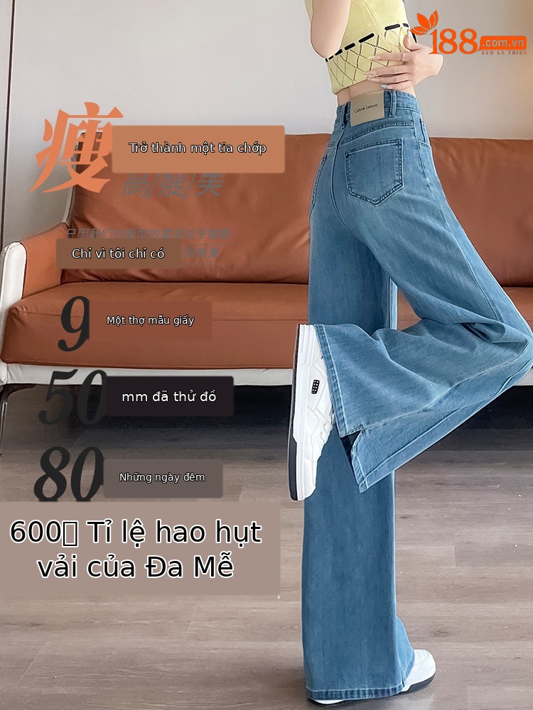 Quần jean nữ ống rộng cạp cao co giãn xẻ tà màu xanh nhạt — Màu xanh nhạt - Extended