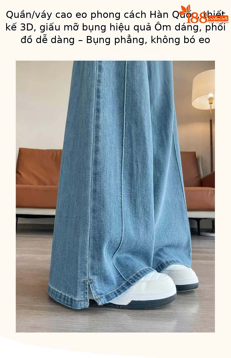 Quần jean nữ ống rộng cạp cao co giãn xẻ tà màu xanh nhạt — Màu xanh nhạt - Extended chi tiết 1