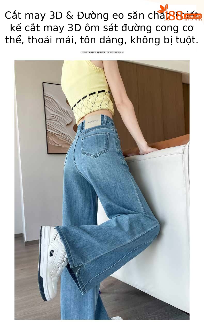 Quần jean nữ ống rộng cạp cao co giãn xẻ tà màu xanh nhạt — Màu xanh nhạt - Extended chi tiết 2
