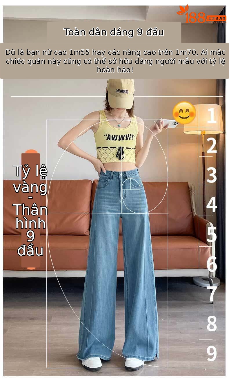 Quần jean nữ ống rộng cạp cao co giãn xẻ tà màu xanh nhạt — Màu xanh nhạt - Extended chi tiết 4