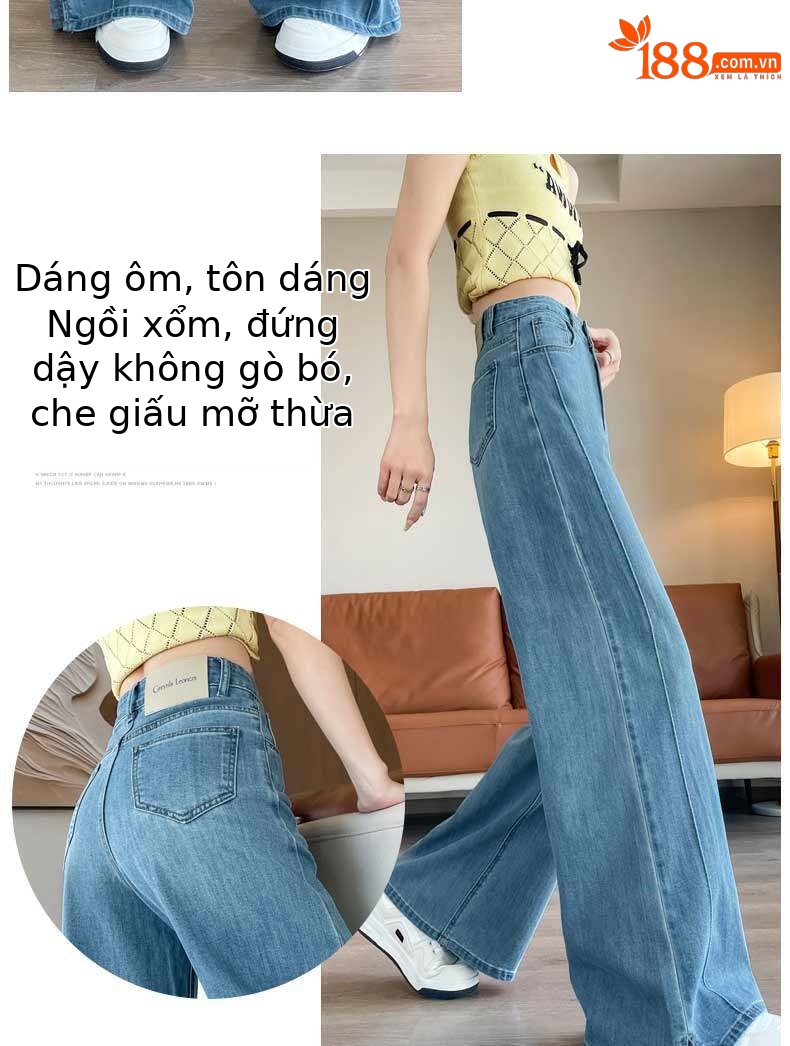Quần jean nữ ống rộng cạp cao co giãn xẻ tà màu xanh nhạt — Màu xanh nhạt - Extended chi tiết 7